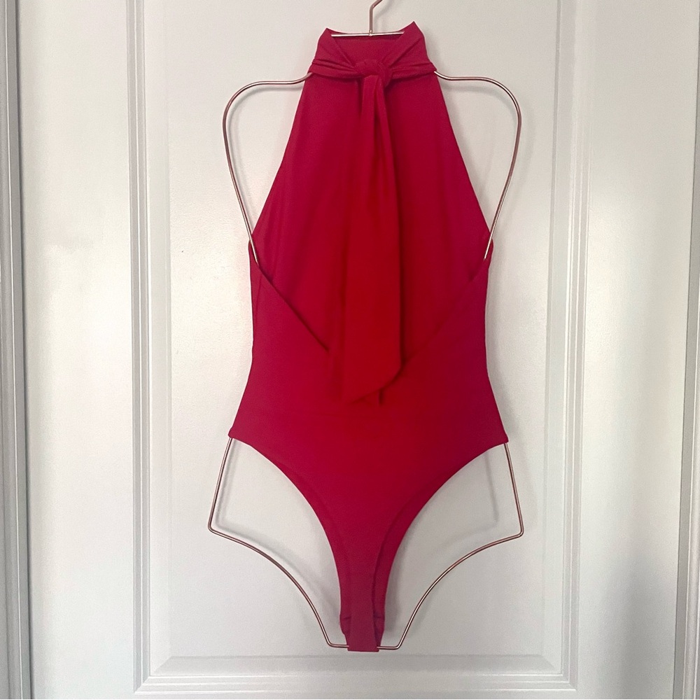 TIGER MIST Siren Bodysuit Size XS Backless Mock Neck Lipstick Red Jersey